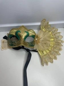 La Maschera del Galeone GOLD GREEN Glitter Mask Lace Handmade Italy Pier 1 - Picture 1 of 9