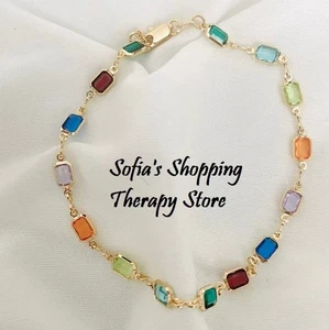 18K Gold Filled Baguette Bracelet 7.5" Multicolor linked Dainty Cubic Zirconia - Picture 1 of 7