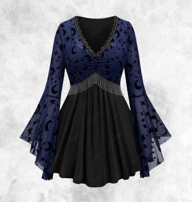 New Black Gothic Moon & Stars Blue Mesh Flared Sleeve Blouse size 3XL 22 24 26 - Image 1 of 4