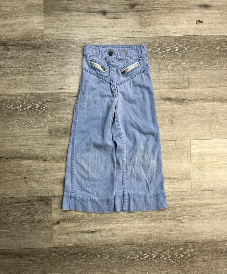 Pantalones de mezclilla vintage de los años 70 azules con múltiples cremallera tiro alto Super Bell parte inferior talla 8 Foto 1 de 4
