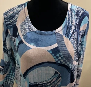 Weekends By Chico’s Women’s Blue White Tan Geometric LS Top Size Chico’s 2 - Picture 1 of 12