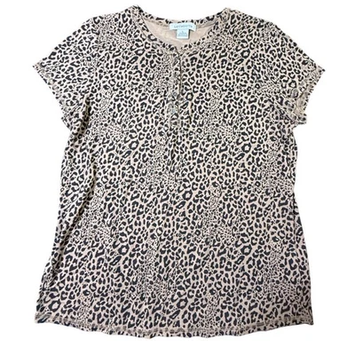 Camisa Henley Liz Claiborne Estampado Leopardo Talla Grande Tostada Negra Manga Corta Foto 1 de 4