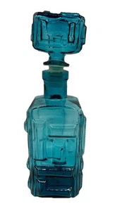 MID CENTURY MOD TURQUOISE DECANTER ABSTRACT GEOMETRIC GLASS BOTTLE-EMPOLI - Picture 1 of 3