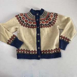 Vtg Nordic Fair Isle Cardigan Kids 4 Hand Knit Wool Norwegian Apres Ski Pewter - Picture 1 of 17