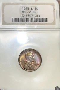 1925-S Lincoln Cent NGC MS62 BN Nice Color Older Holder Best Price Ebay* CHRC - Picture 1 of 3