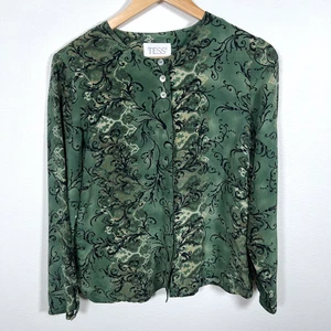 Vintage Womens Silk Button Up Blouse Sz M Y2K Secretary Fairy Boho Chic Green - Picture 1 of 13