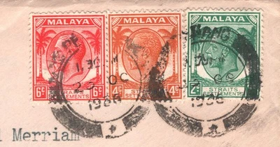 Cubierta MALAYA STREITS KGV *FRANQUEO DE TRES COLORES* 12c Tarifa PENANG 1936 EE. UU. XH299 Foto 1 de 4