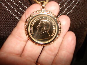 SOUTH AFRICA 1983 1 OZ Gold Krugerrand Coin Pendant Necklace 14K Bezel Chain Set
