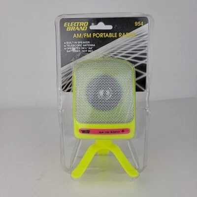 New NOS Vintage 1980s AM/FM Portable Radio Neon Yellow Pink Retro Movie Prop - Image 1 of 4