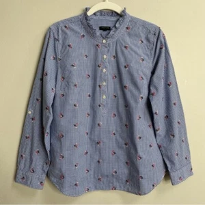 Talbots Petites Floral Embroidered Gingham Check Roll Tab Sleeve Top Size MP - Picture 1 of 15