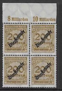 GERMANY - 1923 - OFFICIAL 200 MIO / OVERPRINT - UPPER MARGIN / BLOCK 4V - MNH ** - Picture 1 of 1