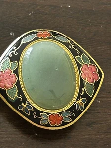 Vintage pink Green Enamel Cloisonne jade stone Tie Belt Buckle Gold Tone - Picture 1 of 5