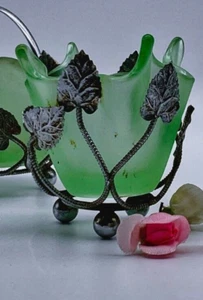 Art Nouveau BAGLEY VASE SMALL FROSTED GREEN GLASS & CHROME POSY VASE - Picture 1 of 8