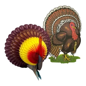 2 Vintage Thanksgiving Türkei Herzstück Waben ausklappbar 12”~ Pfeife gestanzt 17” - Bild 1 von 13
