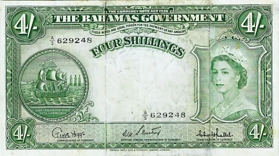 BAHAMAS GOVERNMENT 4 SHILLINGS 1953  P-13c ~ SCARCER SIGNATURES ~ NICE CRISP - Image 1 of 2