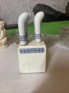 Set of 5 Ceramic Vintage Butter Knives, Blue and White with Woodblock, canape - Picture 1 of 6