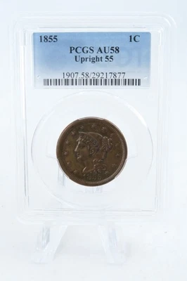 1855-P PCGS AU58BN 55 centavo de pelo trenzado vertical Business Strike 1C Foto 1 de 2