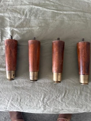vintage mid century modern wooden chair legs with brass caps - Image 1 of 2