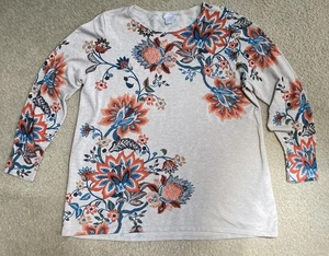 Chico's Lightweight Sweater Women's Large Tan Orange Blue Fall Floral - Picture 1 of 7