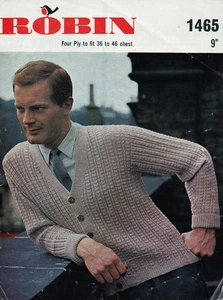 ~ Vintage 60er Jahre Rotkehlchen Strickmuster für Herren gemustert V-Ausschnitt Strickjacke ~ - Bild 1 von 1