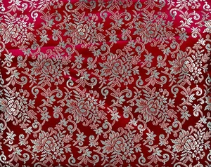 Burgundy Floral Brocade Silk Fabric,Gold/Blue Flowers,64"x46" - Picture 1 of 2