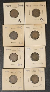 Eight Indian Head Pennies Cents 1884-1909 - Picture 1 of 22