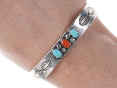 6.375" Vintage W Long Navajo Silver turquoise and coral cuff bracelet - Image 1 of 4