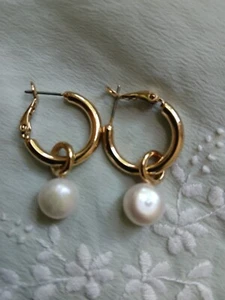 Argento Vivo Gold Toned Hoop Earrings With Pearl Charms - Picture 1 of 4