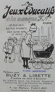 PUBLICITE SUZY & LISETTE POUPEE JEUX EDUCATIFS DE 1922 FRENCH AD PETITE PUB RARE - Picture 1 of 1
