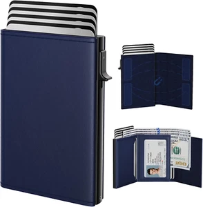 Mens RFID Slim Wallet Leather Card Holder Pop Up Aluminum Front Pocket Navy - Picture 1 of 12
