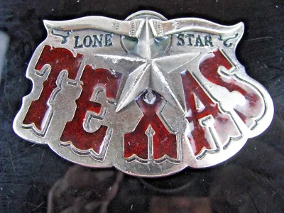 Vintage 1980 Rojo Texas Estrella Solitaria Rodeo Gran Hebilla de Cinturón Americano Longhorn EE. UU. Foto 1 de 3