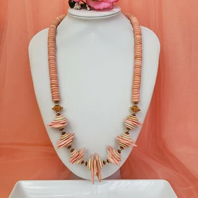 Pink Coco Wood Tribal Statement Necklace Beige Ethnic Natural Choker BOHO - Image 1 of 4