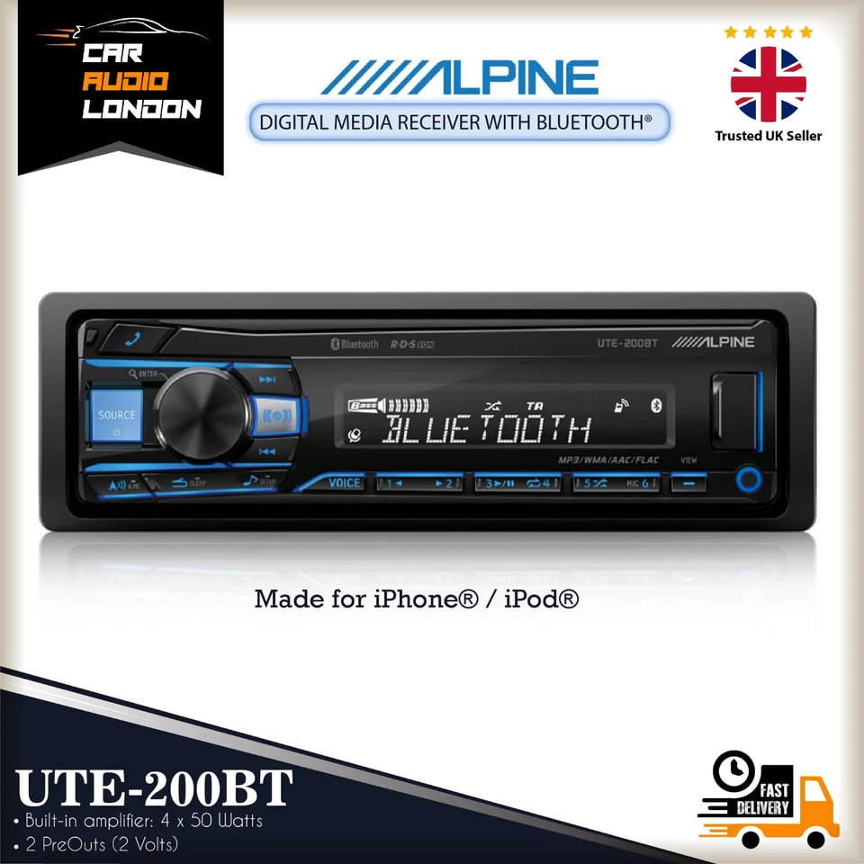Alpine UTE-200BT 1 DIN Bluetooth Car Stereo USB MP3 AUX Player Hands-Free Radio - Image 1 of 3