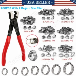 100/260Pcs Hose Clamps Single Ear Stainless Steel Air Water Fuel Pipe Clips Kit - Picture 1 of 34