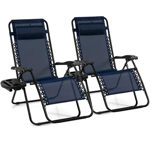 2PC Folding Zero Gravity Reclining Lounge Chairs Beach Patio W/Utility Tray - Picture 1 of 8