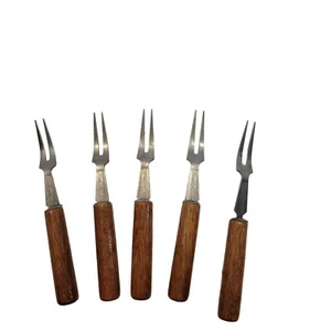 Lote de 5 horquillas de aperitivo Hor D vintage de acero inoxidable con mango de madera - Imagen 1 de 5
