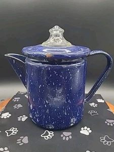 Vintage blau Granitgeschirr Kaffeekanne Einsatz & großes Pyrex Glas Visier - Bild 1 von 12