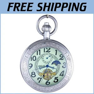 Automatic Mechanical Pocket Watch with Moon Phase & Magnifying Glass - Gift Box - Photo 1 sur 11