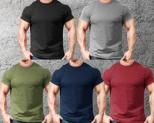 Mens Gym Fit T Shirt Plain Training Top Weightlifting Fitted Tee Muscle Fit New - Picture 1 of 22