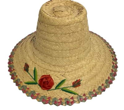 Sombrero de sol bordado años 70 con rosas rojas y corbata de barbilla de 24" Foto 1 de 3
