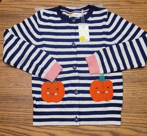 New Navy Stripe Pumpkin Pockets Mini Boden Halloween Cardigan - size 8-9 - Picture 1 of 6