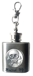 SOUVENIR OF MONTAUK N.Y. 1 OZ. SHOT STAINLESS STEEL FLASK SKULL & BONES KEYCHAIN - Picture 1 of 6
