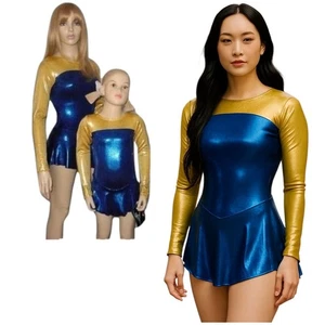 Ice Figure Skating Dress Child 6x7 Shine On GOLD & BLUE Foil Dance Costume New - Picture 1 of 7