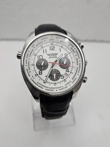 AVIATOR World Time Date Mens 44mm Quartz Watch Steel White leather Strap - Picture 1 of 9
