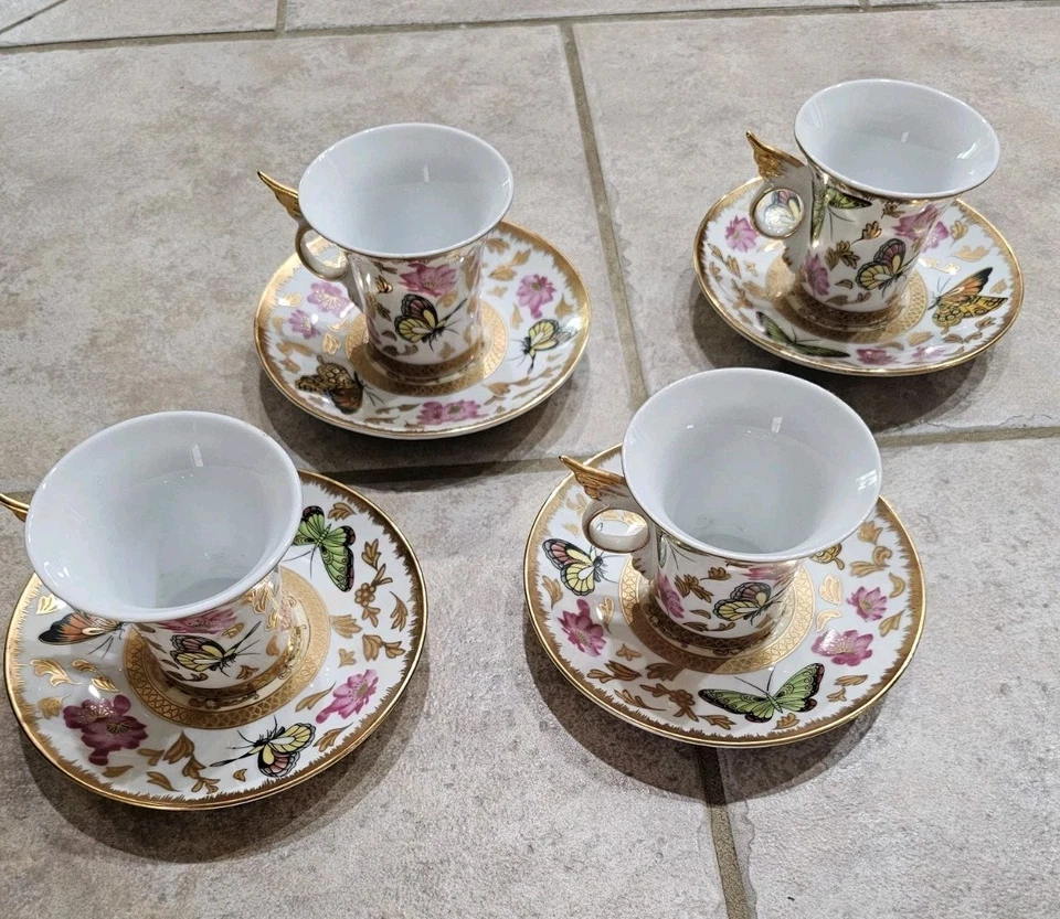 Juego de 4 tazas y platillos clásicos de café y té Demitasse espresso mariposa Foto 1 de 4