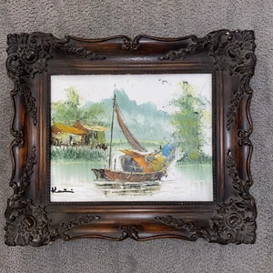 Framed Small Vintage Oil Painting Junk Ship Boat Water Signed 11.5” X 13.5” - Picture 1 of 14