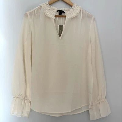 J Crew Ivory Cream Silk Long Sleeve Blouse 4 Romantic Prairie Classic Chic NWT - Image 1 of 4