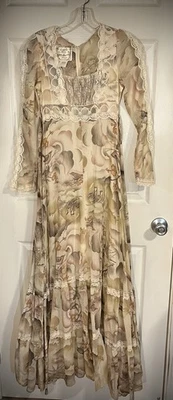 Винтажное платье Gunne Sax от Jessica San Francisco с птичьим принтом белое кружевное галстук сзади - Изображение 1 из 4