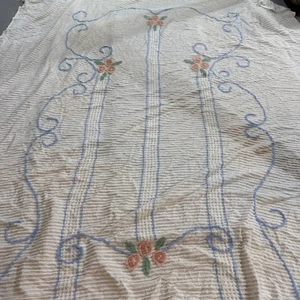 Vintage Chenille Tagesdecke Full Queen Floral Weiß Blau Landhaus French Country - Bild 1 von 7