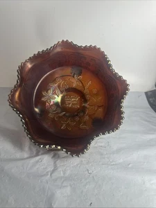 Vintage Fenton Butterfly & Berries Marigold Carnival Glass Bowl 9”X 4” Footed - Picture 1 of 12